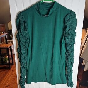 Maeve By Anthropologie Emerald Green Long Sleeve Top with Ruched Lace Sleeves